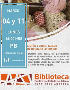 Cartel del Listón y libro: Taller de bordado literario