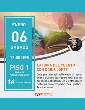 Cartel de “La hora del cuento” con Doris López