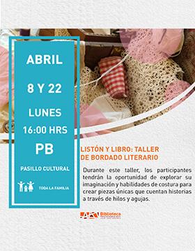 Cartel del Listón y libro: Taller de bordado literario