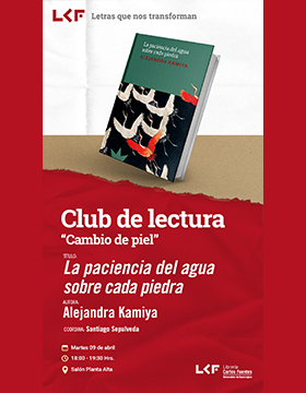 Cartel del Club de Lectura “Cambio de piel”.  Título: La paciencia del agua sobre cada piedra