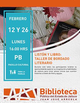 Cartel del Listón y libro: Taller de bordado literario