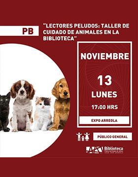 Cartel de Lectores peludos: Taller de cuidado de animales en la Biblioteca