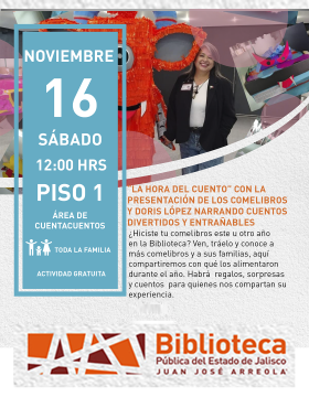 Cartel de La hora del cuento con la presentación de los comelibros y Doris López narrando cuentos divertidos y entrañables