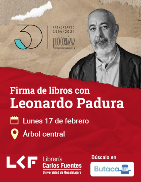 Cartel de la Firma de libros con Leonardo Padura