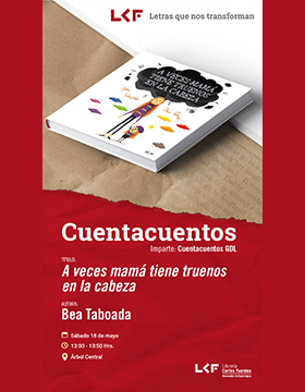Cartel del Cuentacuentos. Título: A veces mamá tiene truenos en la cabeza