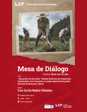 Cartel de la Mesa de diálogo Título “Recuerdos de más antes” Relatos históricos de campesinos tradicionales en la transición al campo industrial del pueblo San José de Huacasco, Jalisco