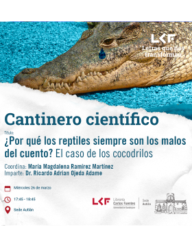 Cartel del Cantinero Científico. Título: ¿Por qué los reptiles siempre son los malos del cuento? El caso de los cocodrilos