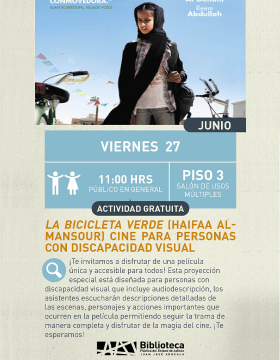 Cartel de la La bicicleta verde (Haifaa al-Mansour). Cine para personas con discapacidad visual