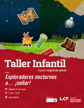 Cartel del Taller infantil. Título Exploradores nocturnos a… ¡soñar!