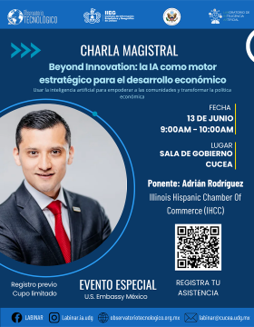 Cartel de la Charla magistral: Beyond Innovation: la IA como motor estratégico para el desarrollo económico