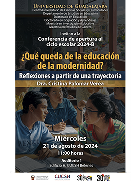 Cartel de la Conferencia de apertura al ciclo escolar 2024B de la Maestría en Investigación Educativa y de la Maestría en Estudios de Género