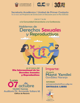 Cartel de la Conferencia: Hablemos de Derechos Sexuales y Reproductivos