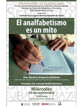Cartel de la Conferencia inaugural del Departamento de Letras: El analfabetismo es un mito