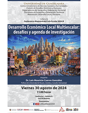 Cartel de la Conferencia magistral del ciclo escolar 2024-B de la Maestría en Desarrollo Local y Territorio