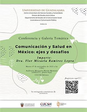 Cartel de la Conferencia y galería temática: "Comunicación y salud en México: ejes y desafíos"