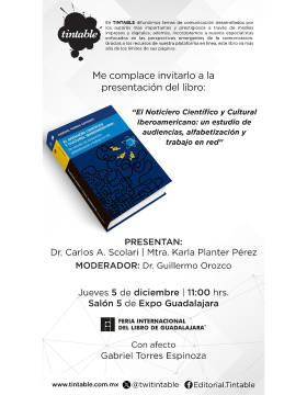 Cartel de la Presentación del libro: "El Noticiero Científico y Cultural Iberoamericano: Un estudio de audiencias, alfabetización y trabajo en red"