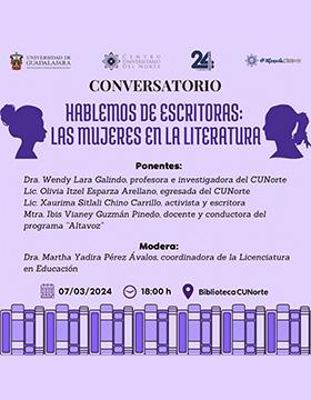 Cartel del Conversatorio: "Hablemos de escritoras: Las mujeres en la literatura"