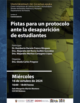 Cartel del Conversatorio: Pistas para un protocolo ante la desaparición de estudiantes