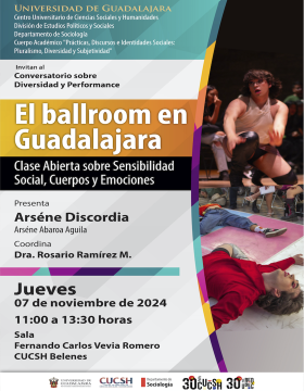 Cartel del Conversatorio sobre Diversidad y Performance "El ballroom en Guadalajara