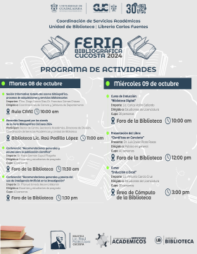 Cartel del programa de la Feria Bibliográfica CUCosta 2024