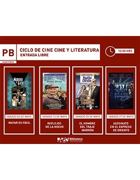 Grafico del Ciclo de cine y literatura. Películas: “Matar es fácil”, “Reflejos de la noche”, “El hombre del traje marrón” y “Asesinato en el expreso de oriente”