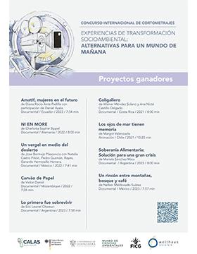 Grafico de la Proyección de 9 cortometrajes ganadores «Experiencias de Transformación Socioambiental: Alternativas para un Mundo del Mañana»